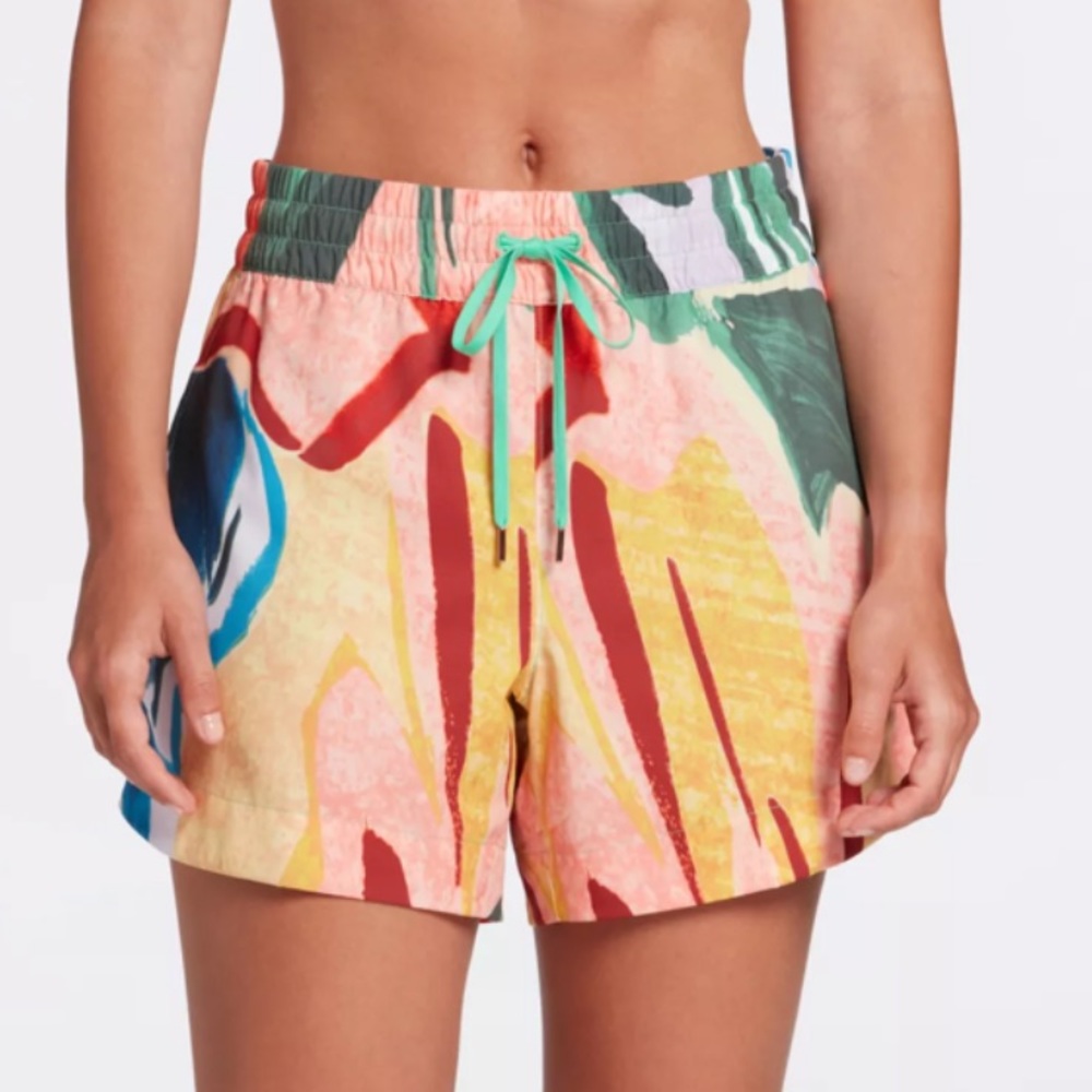 Calia Swim Collection Tulip Hem Painterly Floral Mid-Rise 5” Inseam Board Shorts